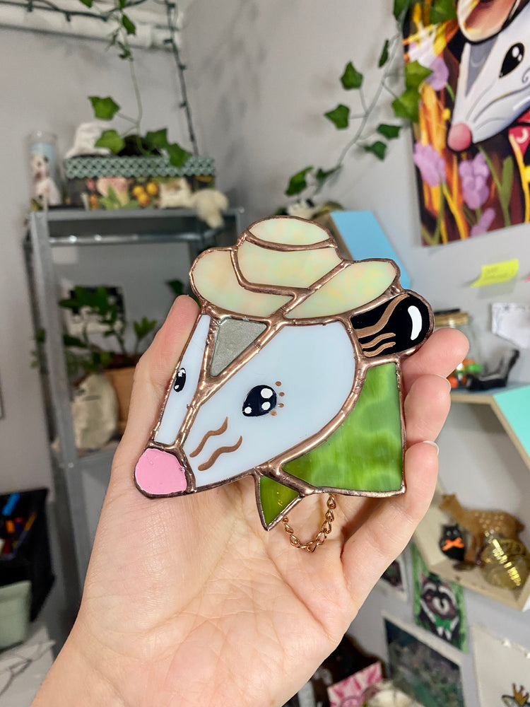 Cracked! Green Mini Cowboy Opossum Stained Glass Ornament