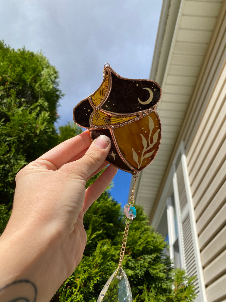 Golden Acorn Stained Glass Suncatcher- Yellow