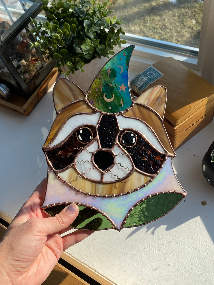 Wizard Raccoon Stained Glass Suncatcher