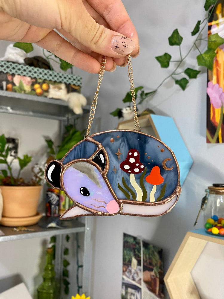 Mini Mushroom Opossum Stained Glass Ornament