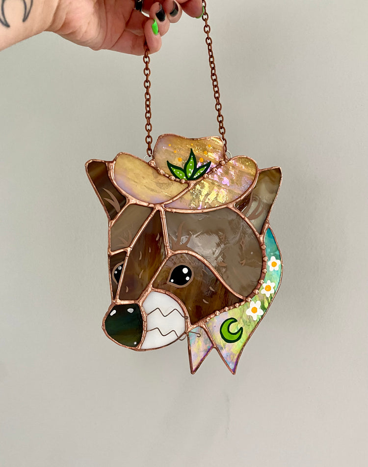 CRACKED! Raccoon Cowboy Stained Glass Suncatcher