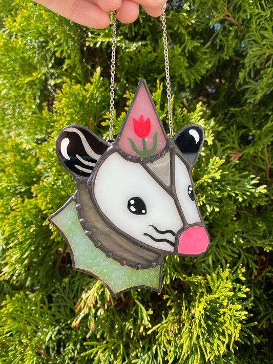 Flower Hat Opossum Mini Stained Glass Ornament