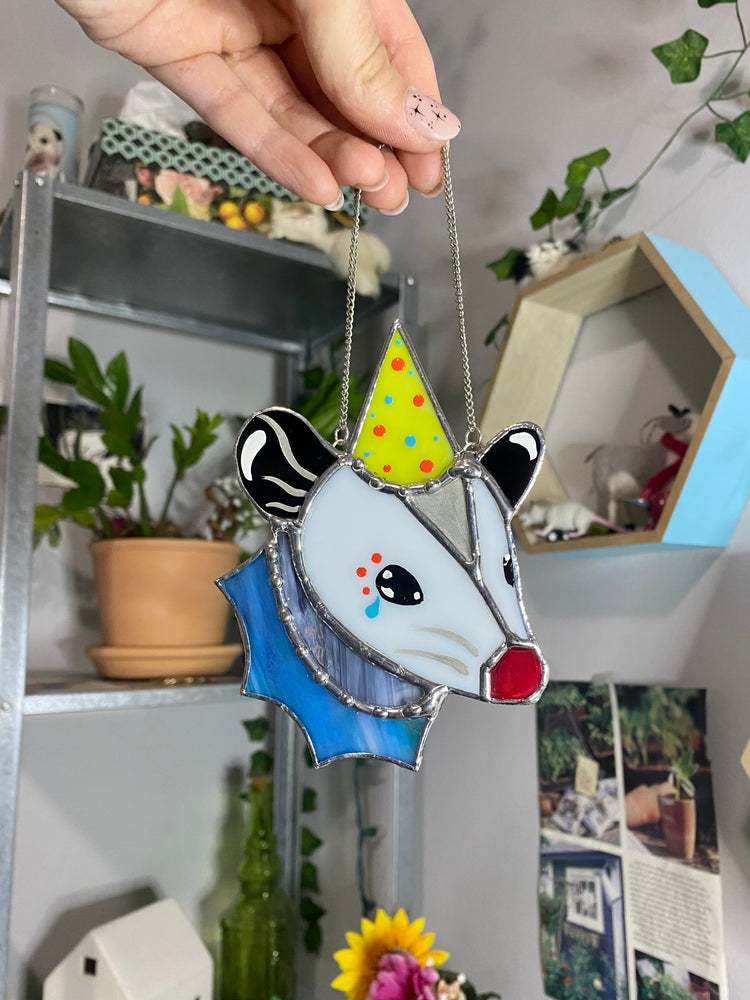 Mini Clown Opossum Stained Glass Ornament