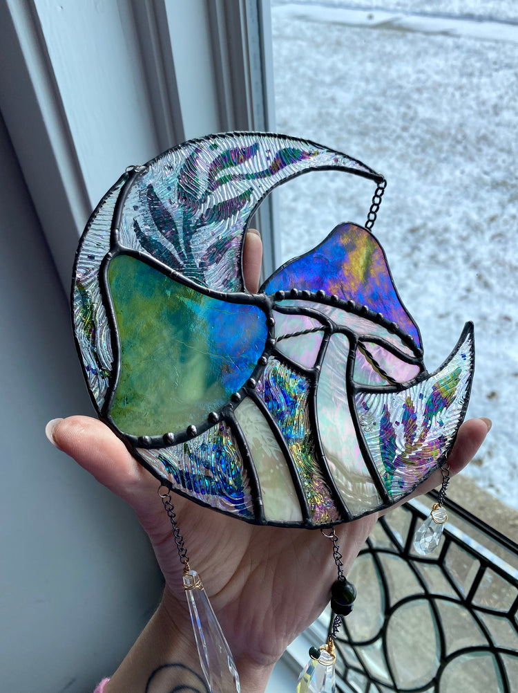 Full Iridescent Green Mushroom Moon Suncatcher