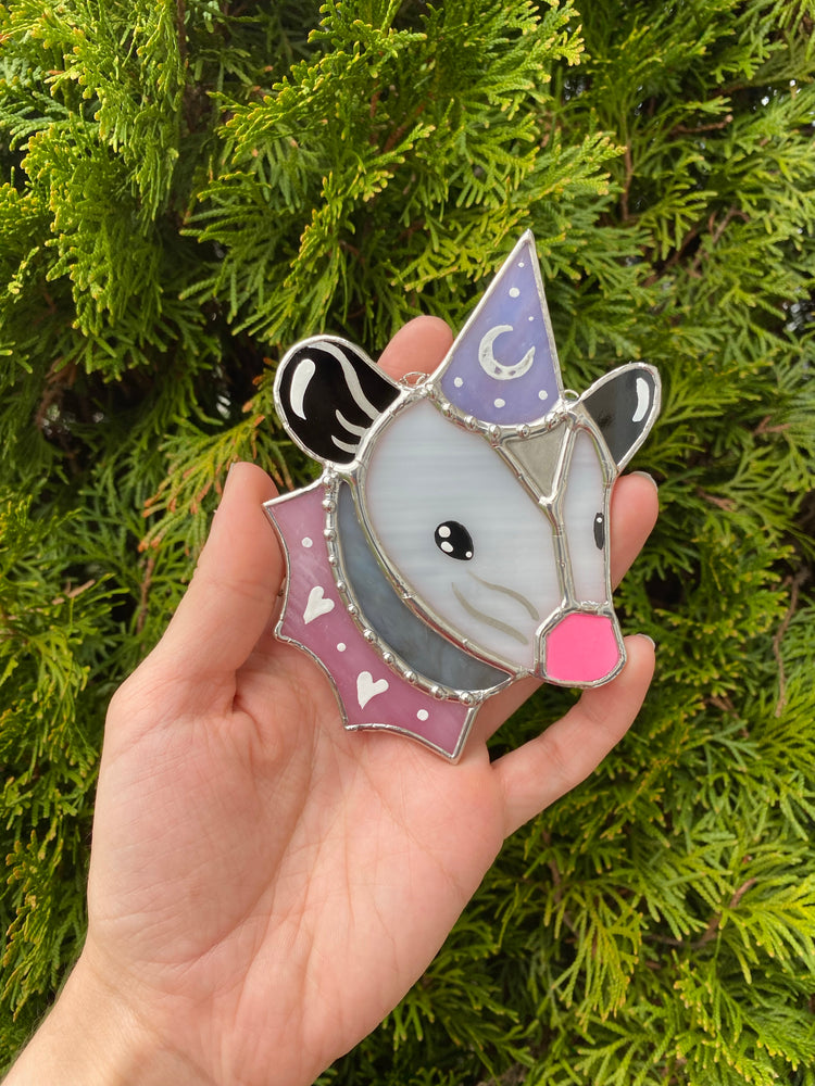 Pink and Purple Wizard Opossum Mini Stained Glass Suncatcher