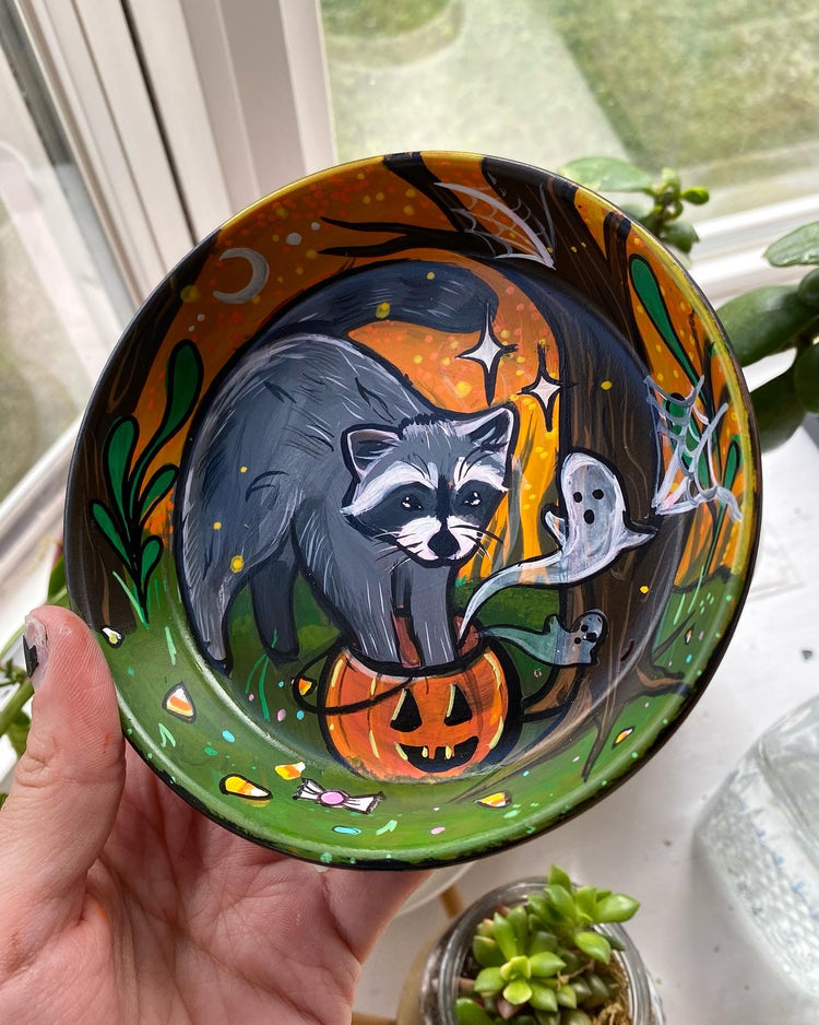 Halloween Raccoon Painted Terracotta Dish