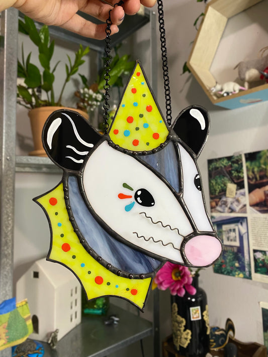 Clown Opossum Stained Glass Suncatcher