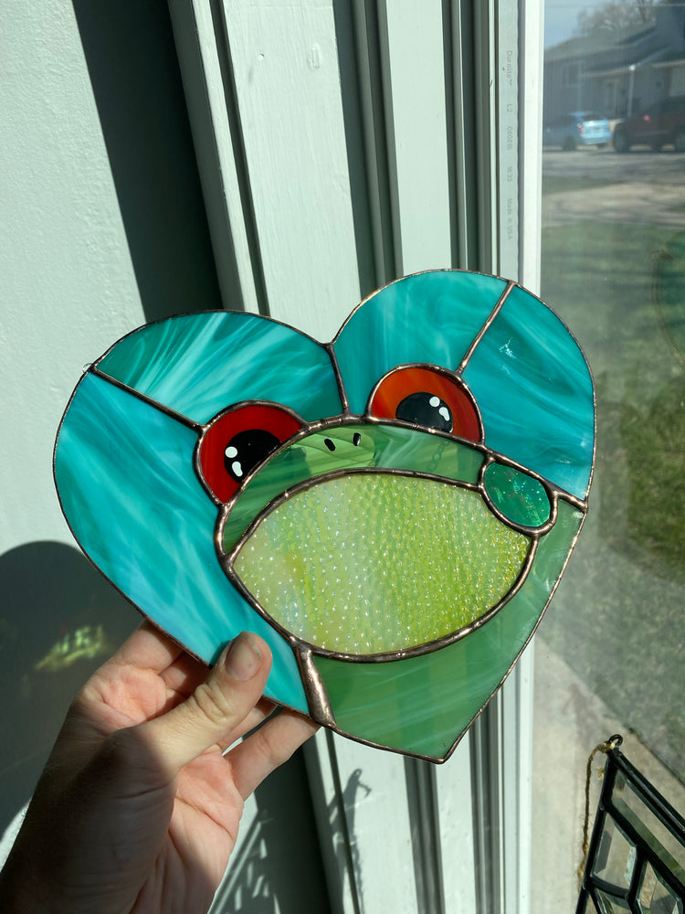 Teal Heart Frog Stained Glass Suncatcher