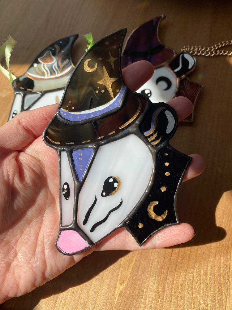 Mini Purple Wizard Opossum Stained Glass Suncatcher