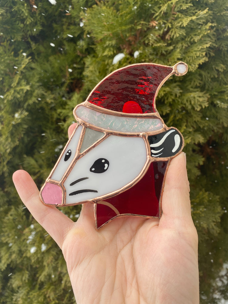 Santa Opossum Stained Glass Ornament