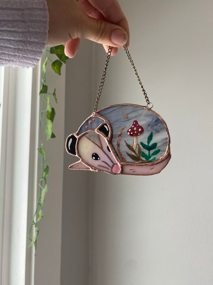 Mushroom Opossum Stained Glass Ornament