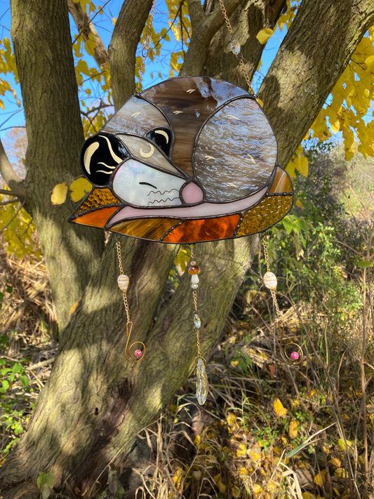 Fall Leaf Opossum Stained Glass Suncatcher