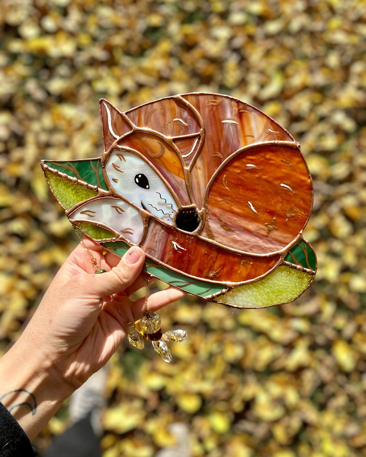 Smiley Leaf Fox Stained Glass Suncatcher