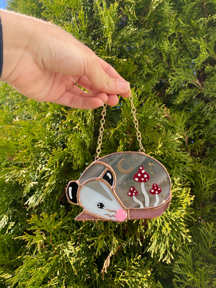 Mini Mushroom Opossum Stained Glass Ornament