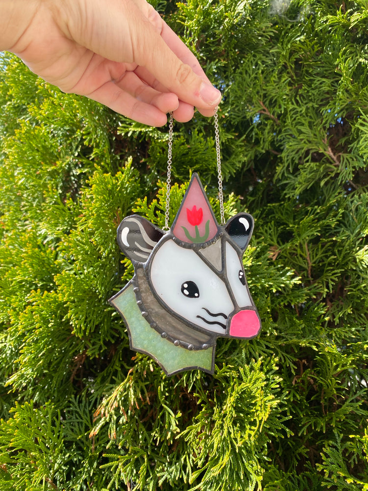 Flower Hat Opossum Mini Stained Glass Ornament