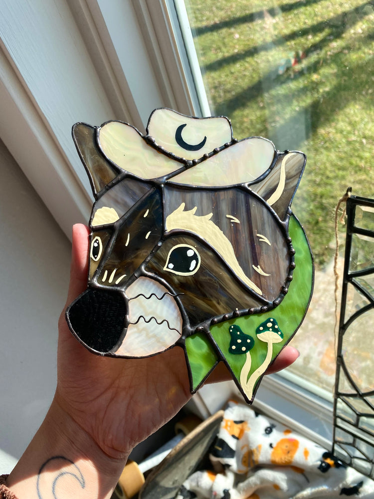 Mushroom Raccoon Cowboy Stained Glass Suncatcher