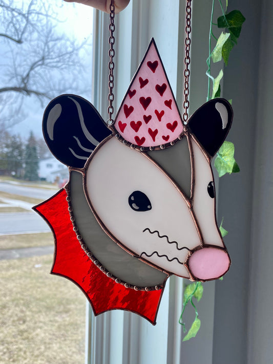 Heart Opossum Stained Glass Suncatcher