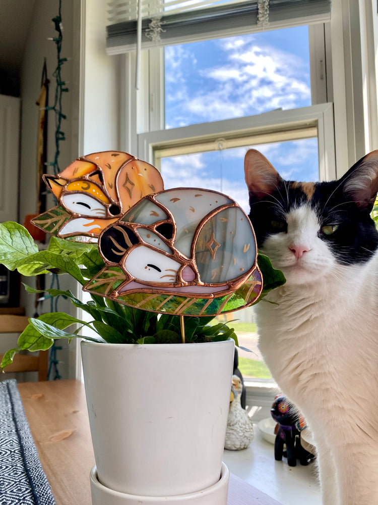 Stained Glass Opossum Planter Stake