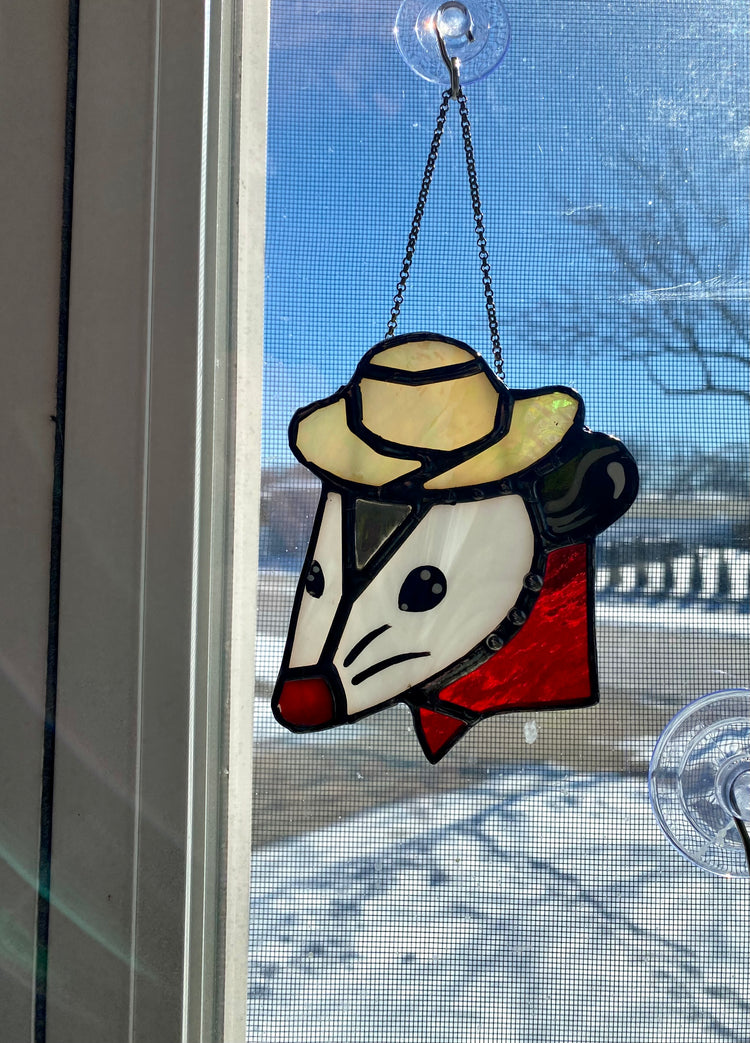 Mini Cowboy Opossum Stained Glass Ornament