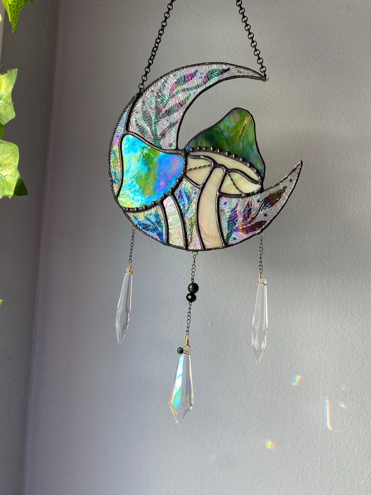 Full Iridescent Green Mushroom Moon Suncatcher