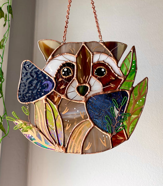 Cosmic Raccoon Stained Glass Suncatcher