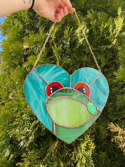 Teal Heart Frog Stained Glass Suncatcher