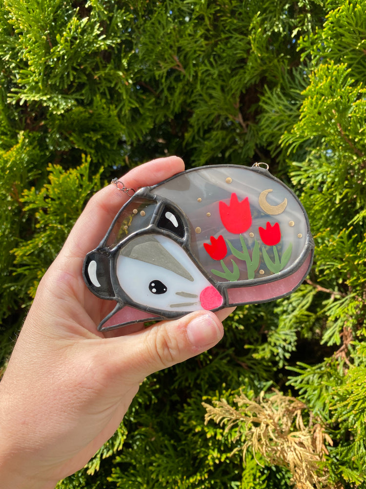 Sleepy Flower Opossum Mini Stained Glass Ornament