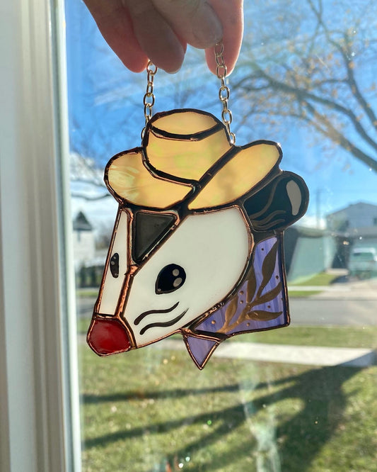 Mini Cowboy Opossum Stained Glass Ornament- Red or Purple!