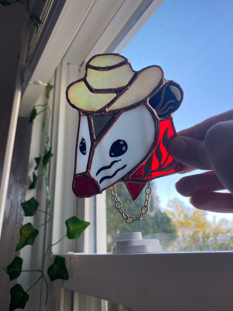 Mini Cowboy Opossum Stained Glass Ornament- Red or Purple!