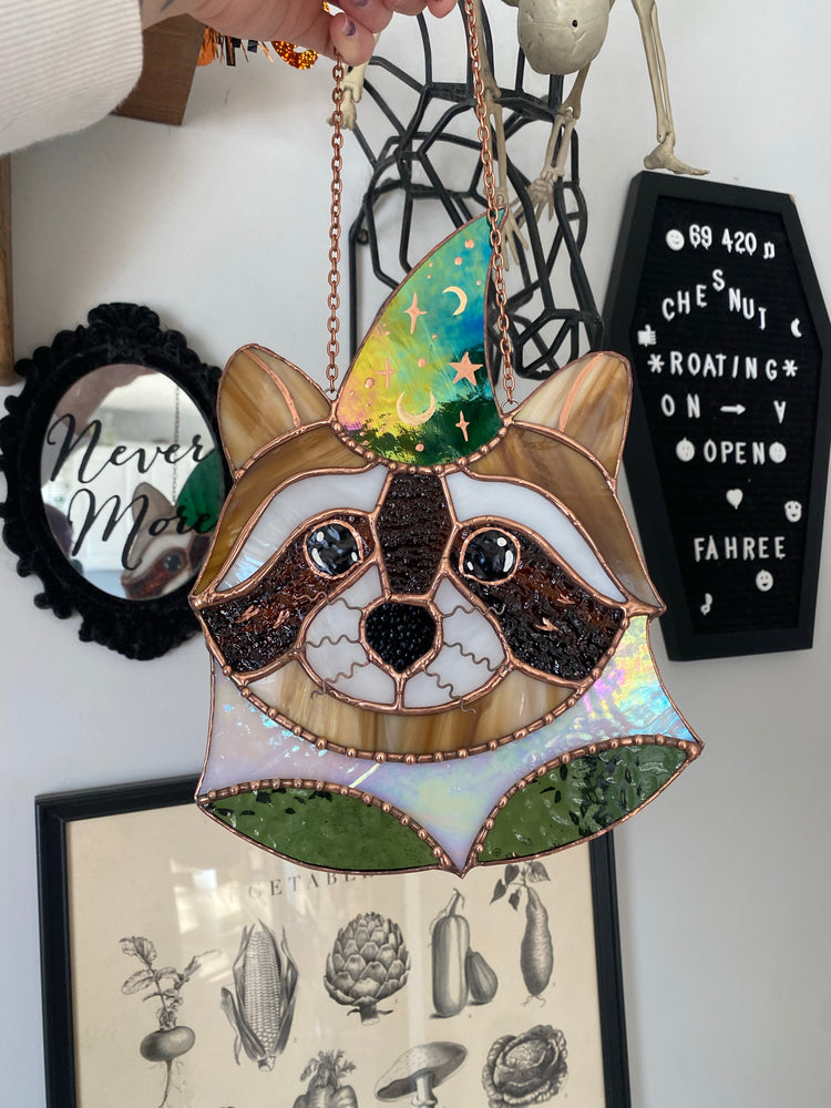 Wizard Raccoon Stained Glass Suncatcher