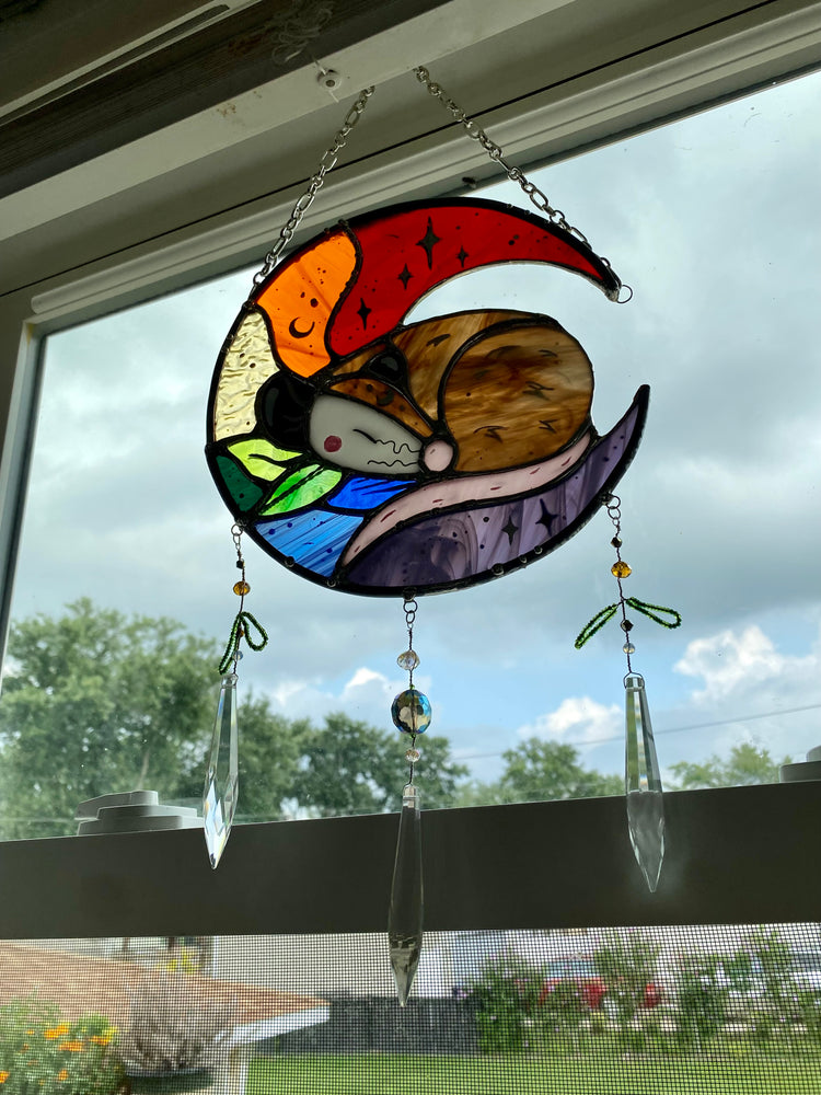 Rainbow Opossum Moon Stained Glass Suncatcher