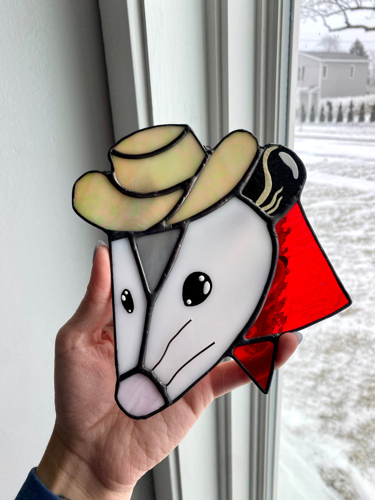 Cowboy Opossum Stained Glass Suncatcher