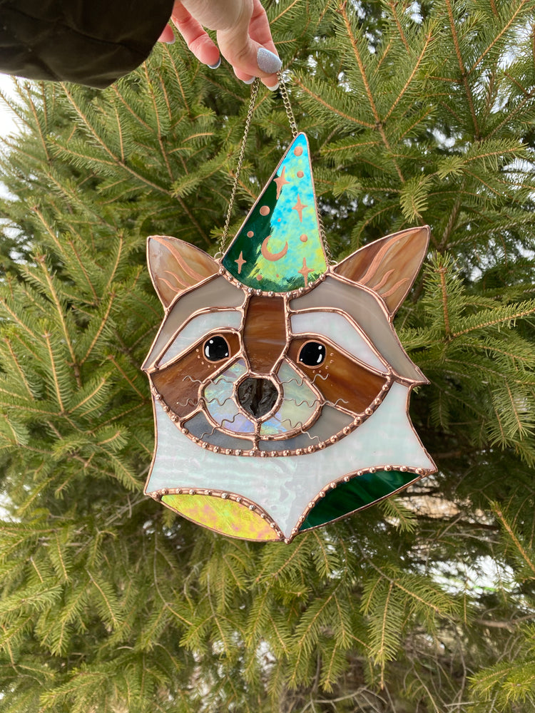 Wizard Raccoon Stained Glass Suncatcher