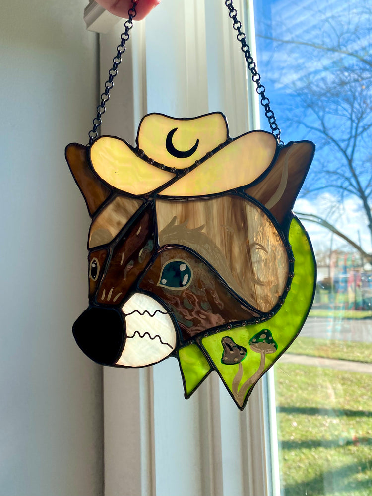 Mushroom Raccoon Cowboy Stained Glass Suncatcher