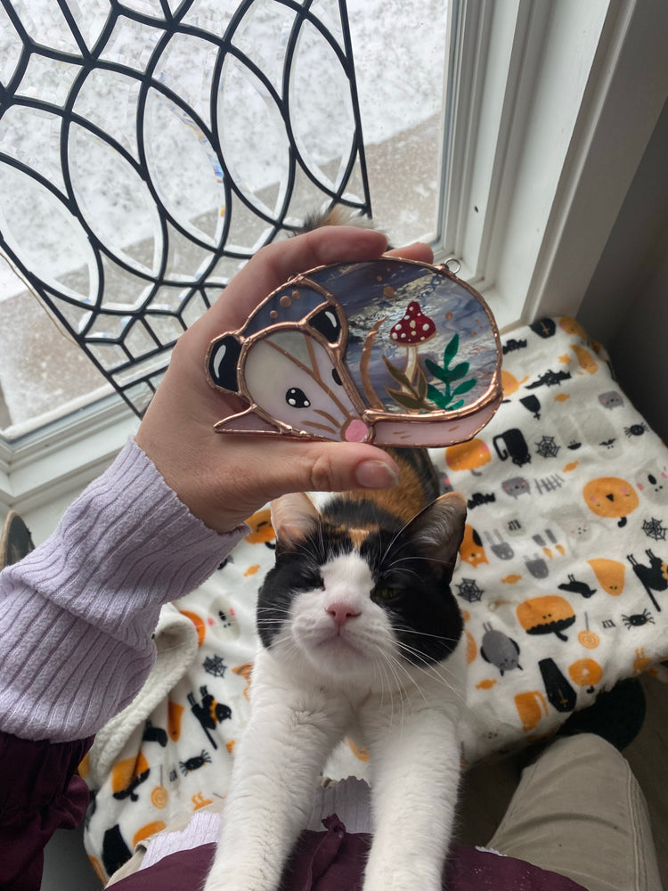 Mushroom Opossum Stained Glass Ornament