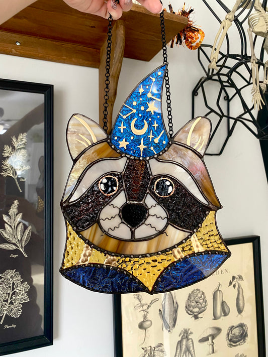 Wizard Raccoon Stained Glass Suncatcher