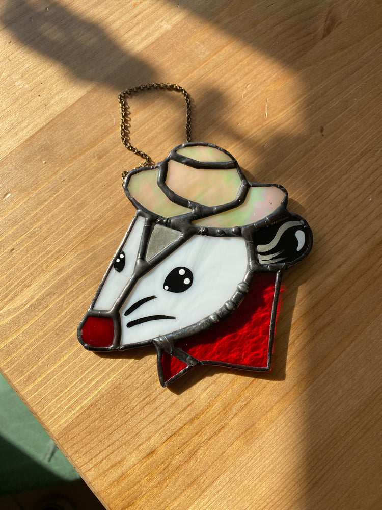 Mini Cowboy Opossum Stained Glass Ornament