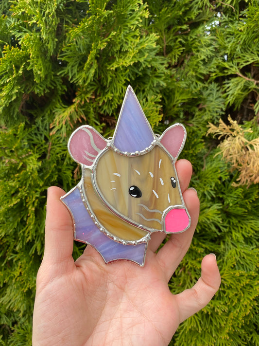 Silver and Pink Tan Wizard Rat Mini Stained Glass Suncatcher