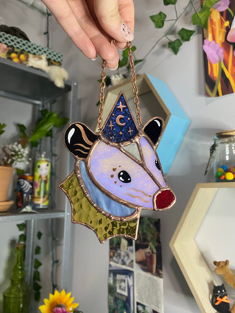 Mini Iridescent Wizard Opossum Stained Glass Ornament