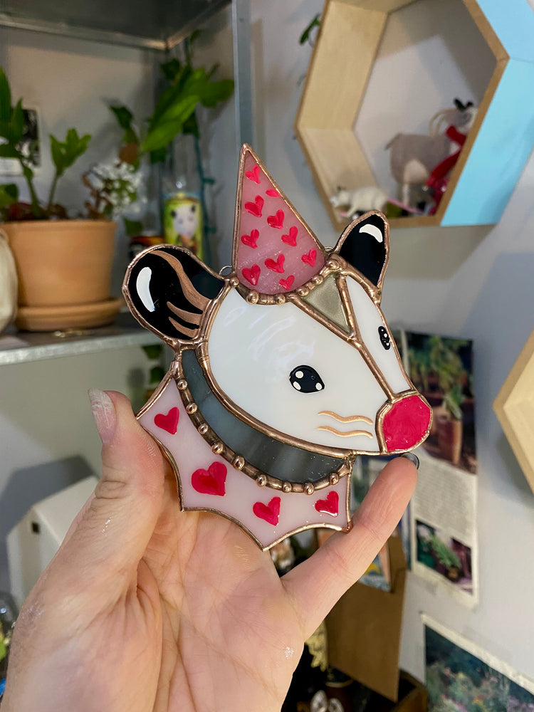 Mini Valentines Opossum Stained Glass Ornament