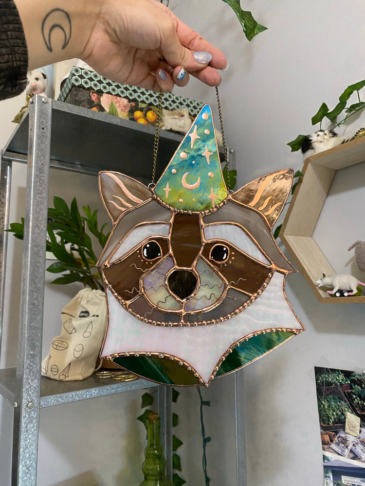 Wizard Raccoon Stained Glass Suncatcher