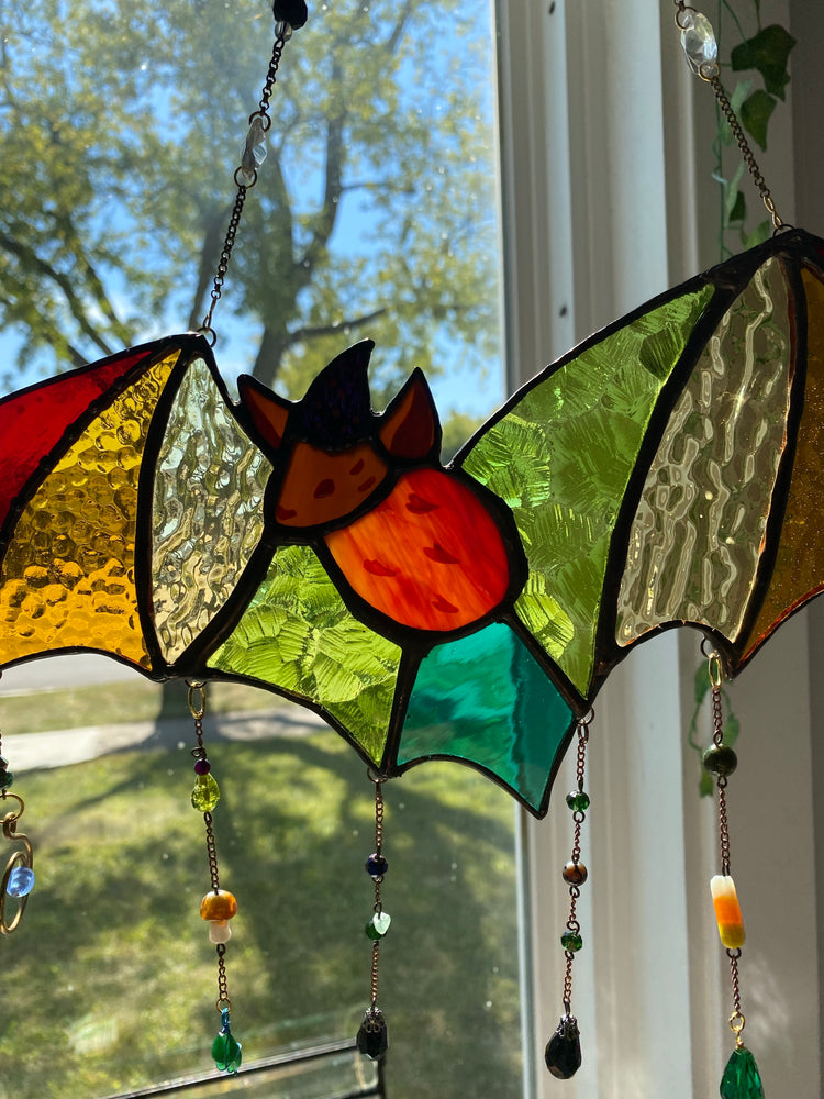 Fall Rainbow Wizard Bat Stained Glass Suncatcher