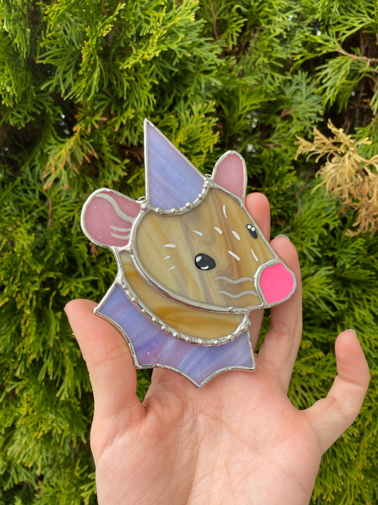 Silver and Pink Tan Wizard Rat Mini Stained Glass Suncatcher