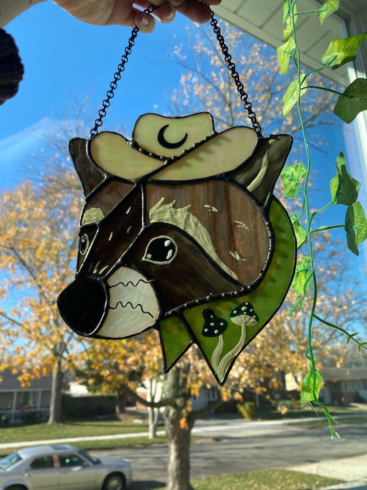 Mushroom Raccoon Cowboy Stained Glass Suncatcher