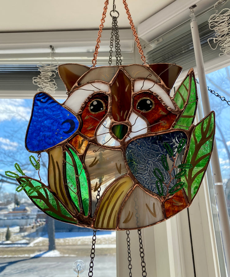 Cosmic Raccoon Stained Glass Suncatcher