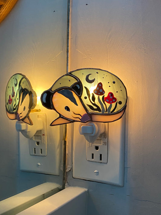 Mushroom Opossum Stained Glass Night Light