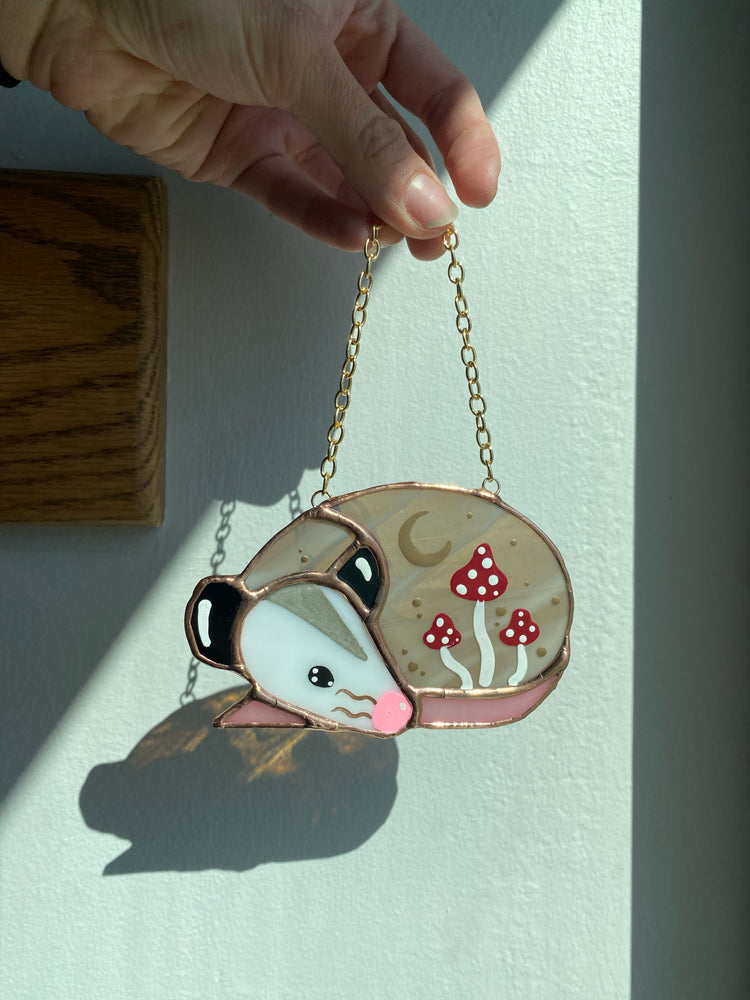 Mini Mushroom Opossum Stained Glass Ornament