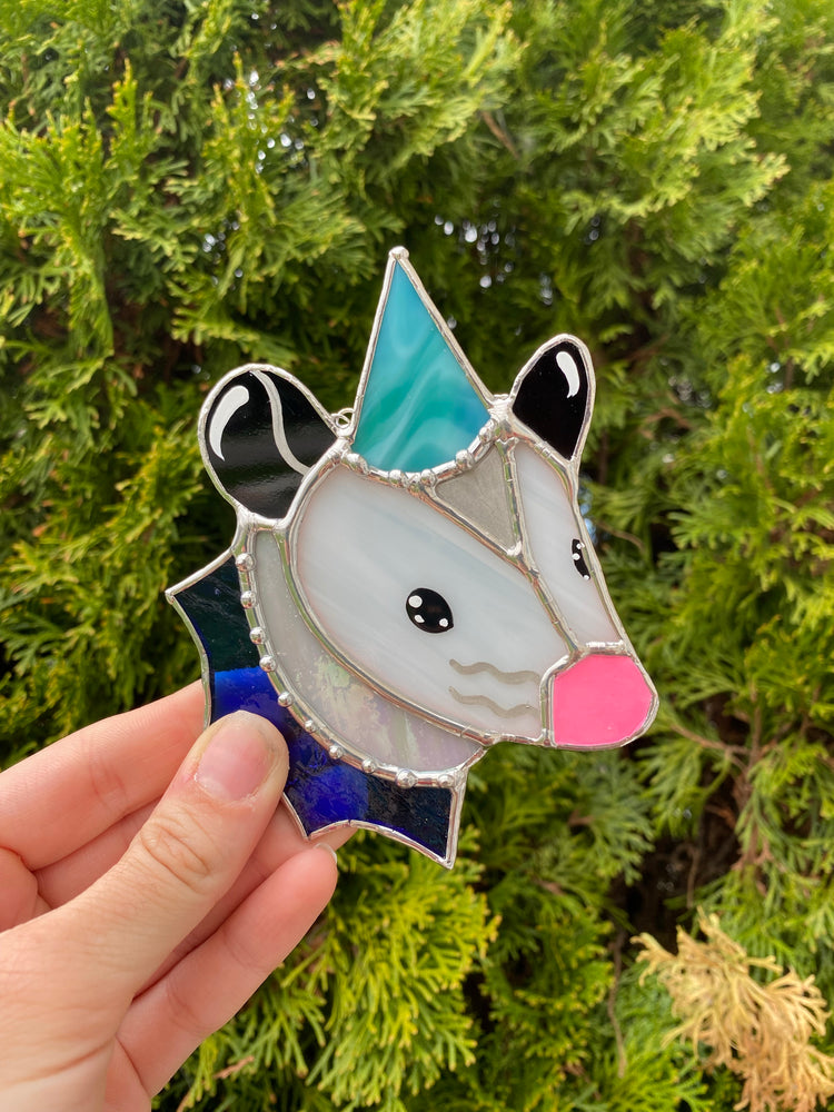 Swirly Teal Wizard Opossum Mini Stained Glass Suncatcher