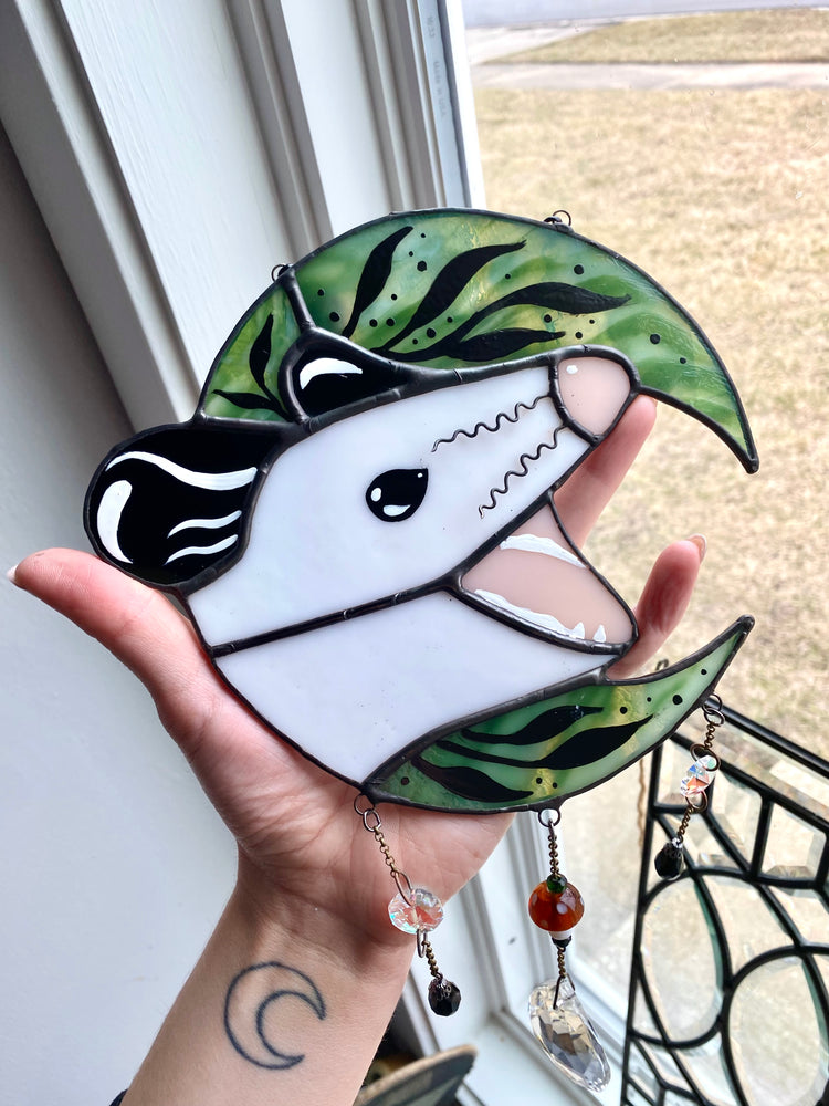 Green Floral Moon Opossum Suncatcher