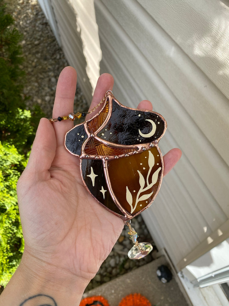 Golden Acorn Stained Glass Suncatcher- Yellow